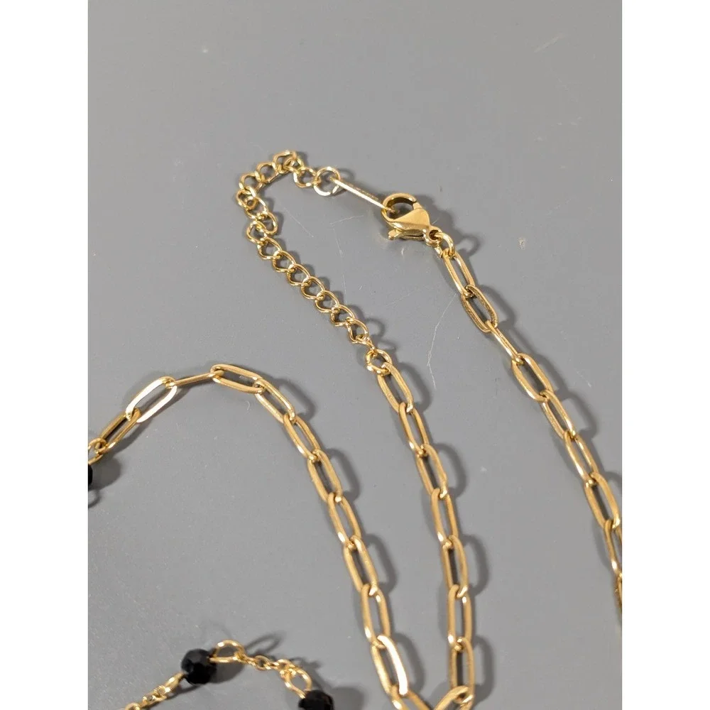 Gold Tone Black Glass Bead Y Neckalce Cross‎ Pendant Lariat Elegant 20 in